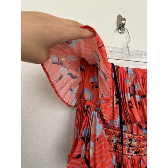 Self-Portrait Off Shoulder Pleated Ruffle Floral Tropical Midi Dress Orange Sz 0 - Picture 5 of 12